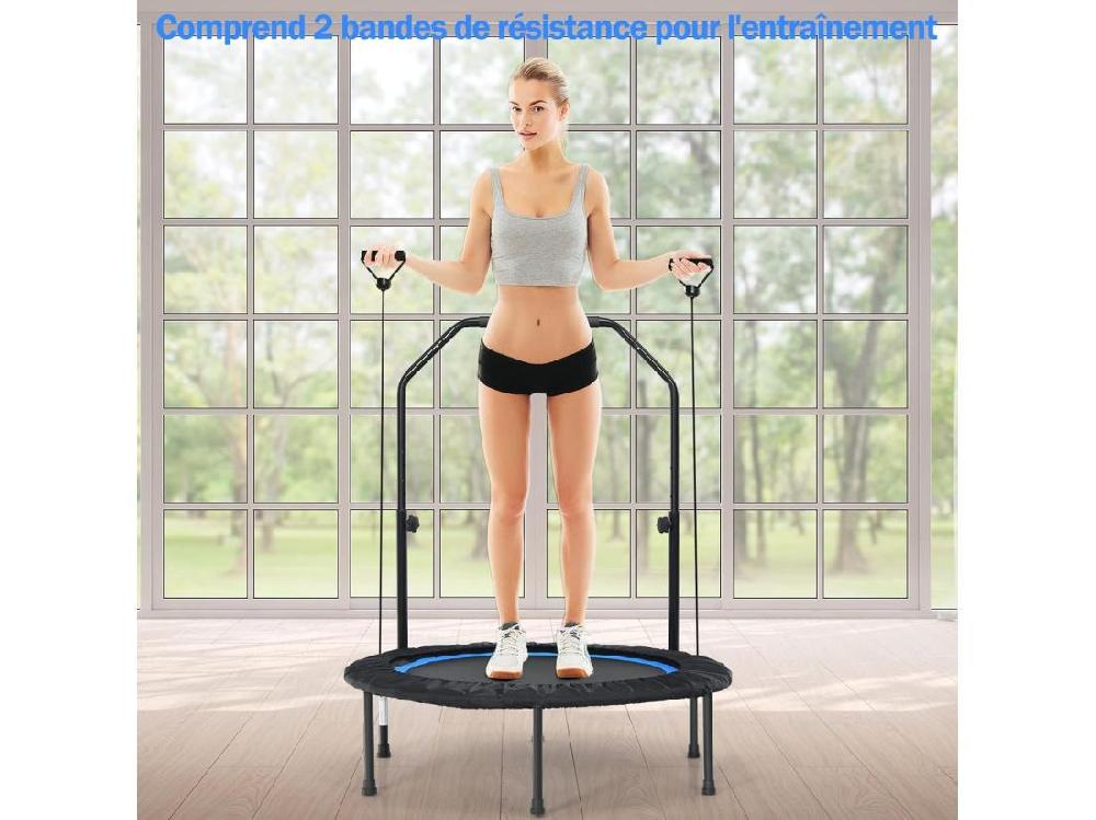 vente unique Trampoline de Fitness Pliable 101cm avec 2 Bandes de Résistance Main Courante Hauteur Réglable Charge 150 kg pour Enfants