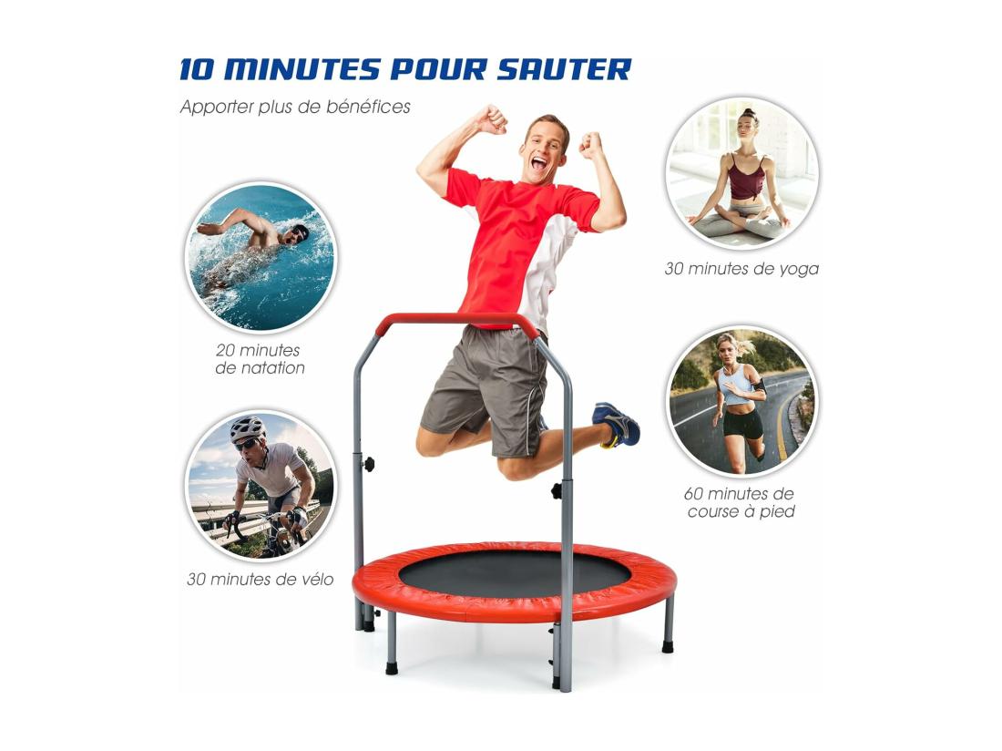 Vente Unique Trampoline De Fitness Pliable Ø101cm Avec Poignée Réglable En Hauteur(96-112cm) Trampoline D'Intérieur Avec Cadre En Acier & Housse De Protection Charge 150kg Pour Enfant Adulte