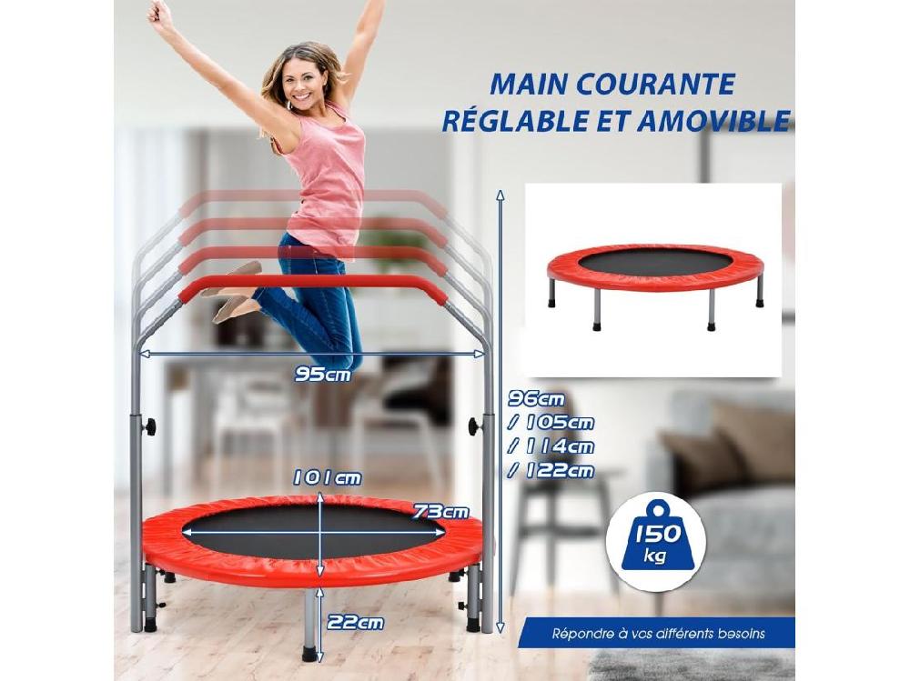 Vente Unique Trampoline De Fitness Pliable Ø101cm Avec Poignée Réglable En Hauteur(96-112cm) Trampoline D'Intérieur Avec Cadre En Acier & Housse De Protection Charge 150kg Pour Enfant Adulte