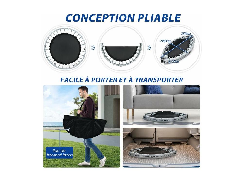 Vente Unique Trampoline De Fitness Pliable Ø101cm Avec Poignée Réglable En Hauteur(96-112cm) Trampoline D'Intérieur Avec Cadre En Acier & Housse De Protection Charge 150kg Pour Enfant Adulte