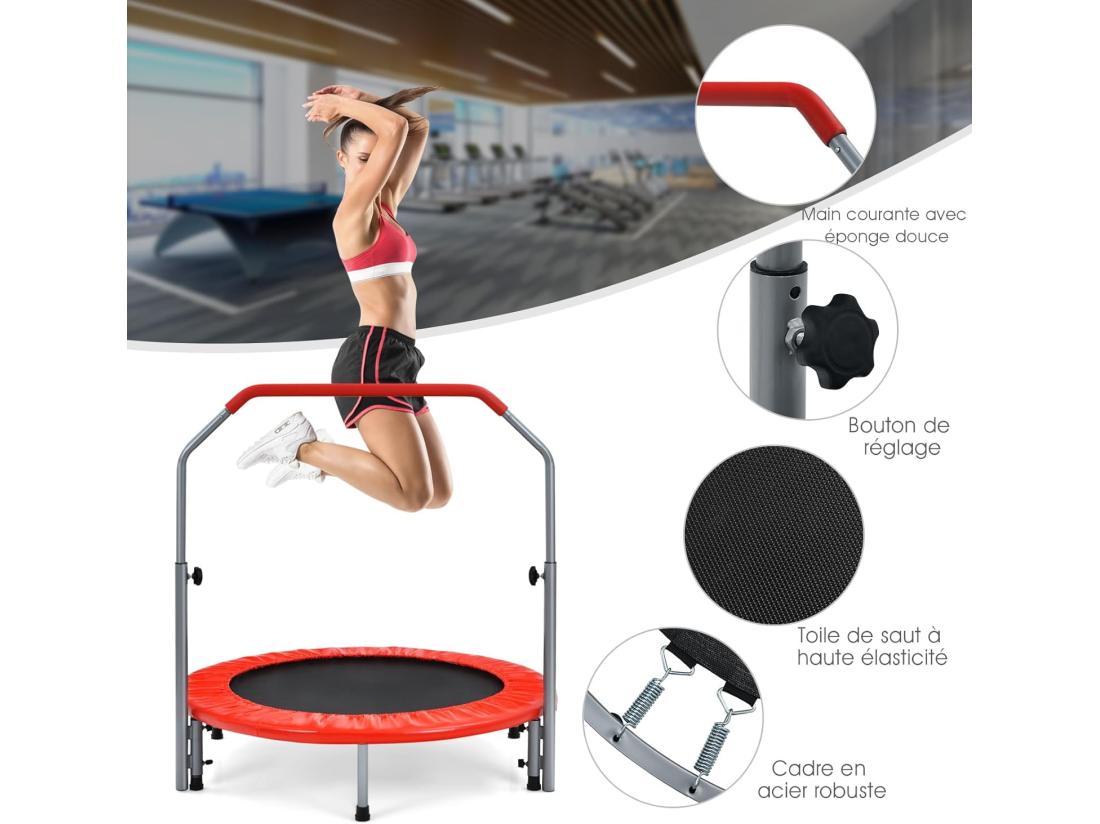 vente unique Trampoline de Fitness Pliable Ø101cm avec Poignée Réglable en Hauteur(96-112cm) Trampoline d'Intérieur avec Cadre en Acier & Housse de Protection Charge 150kg pour Enfant Adulte