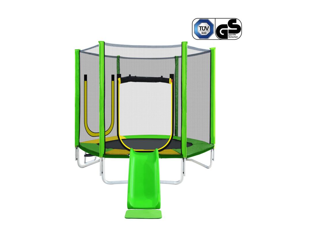 vente unique Trampoline de jardin extérieur certifié TÜV Rheinland - comprenant toboggan filet de sécurité et accessoires - adapté aux enfants de plus de 3 ans - Vert