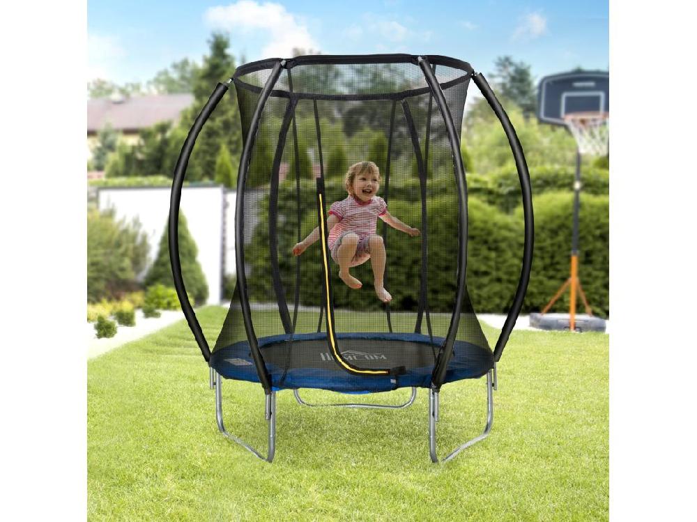 Vente Unique Trampoline Enfant Ø 2 25 × 2 35H M Filet De Sécurité Porte Zipée Couvre-ressorts 6 Poteaux Rembourrés Incurvés Bleu