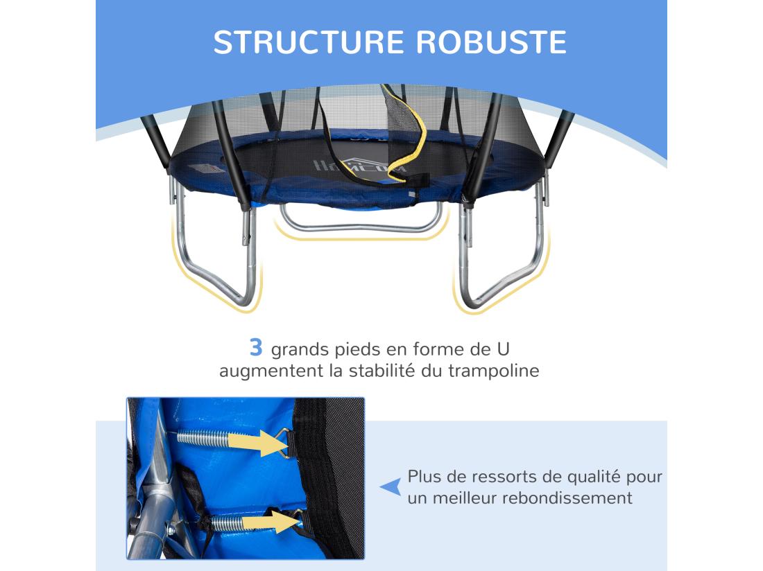 Vente Unique Trampoline Enfant Ø 2 25 × 2 35H M Filet De Sécurité Porte Zipée Couvre-ressorts 6 Poteaux Rembourrés Incurvés Bleu