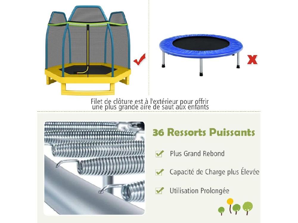 Vente Unique Trampoline Extérieur Ø 223cm Enfants Avec Filet De Sécurité 36 Ressorts Protégés Structure Acier Galvanisé Tapis De Saut PP Jaune