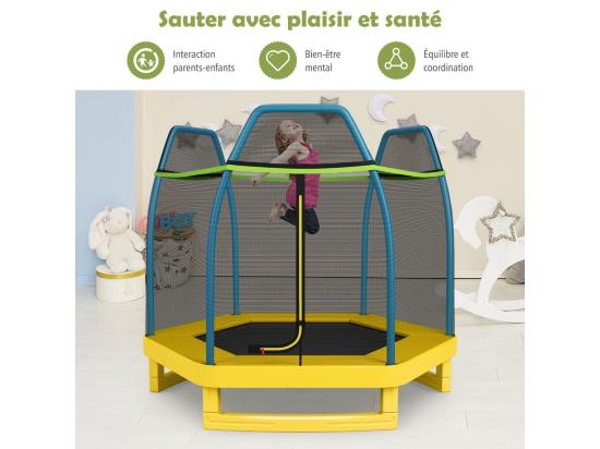 Vente Unique Trampoline Extérieur Ø 223cm Enfants Avec Filet De Sécurité 36 Ressorts Protégés Structure Acier Galvanisé Tapis De Saut PP Jaune