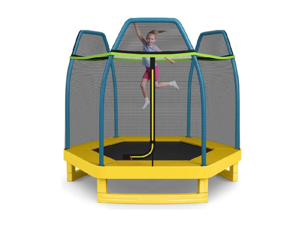 vente unique Trampoline Extérieur Ø 223cm Enfants avec Filet de Sécurité 36 Ressorts Protégés Structure Acier Galvanisé Tapis de Saut PP Jaune