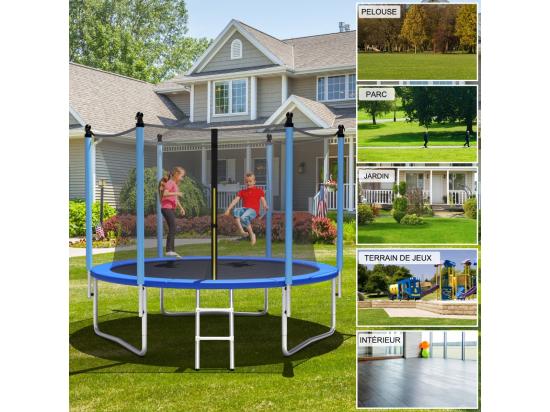 Vente Unique Trampoline Extérieur Ø305CM Enfants Avec Filet De Sécurité Trampoline De Jardin Rond Avec Cadre En Acier & 3 Pieds En Forme U Certification GS Charge 100kg