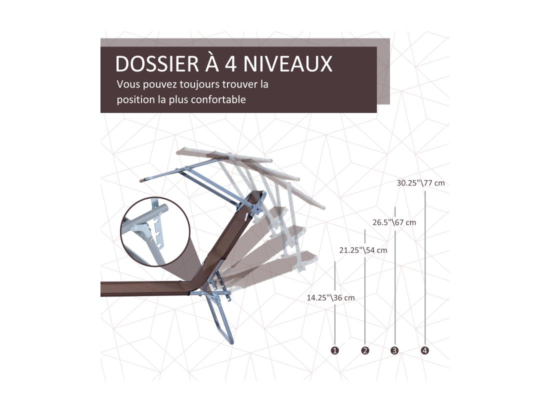 Vente Unique Transat Bain De Soleil Pliable Grand Confort Dossier Et Pare-soleil Réglable Multi-positions Chocolat