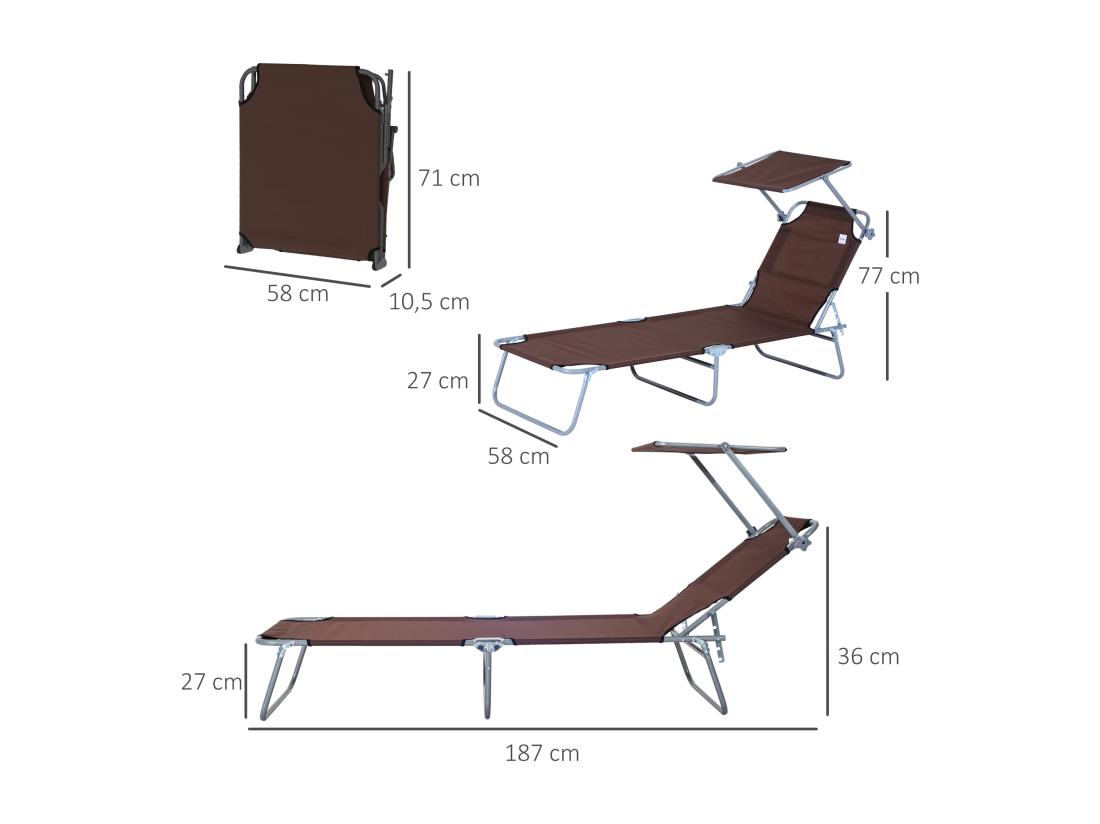 vente unique Transat bain de soleil pliable grand confort dossier et pare-soleil réglable multi-positions chocolat