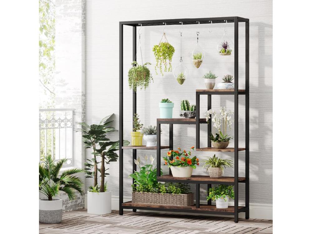 Vente Unique Tribesigns Support Pour Plantes D'intérieur à 5 Niveaux - Grande étagère En Métal De 180 1 Cm Avec 10 Crochets De Suspension En S - Multifonction - Pour Intérieur Jardin Balcon Salon (Maron Et Noir)