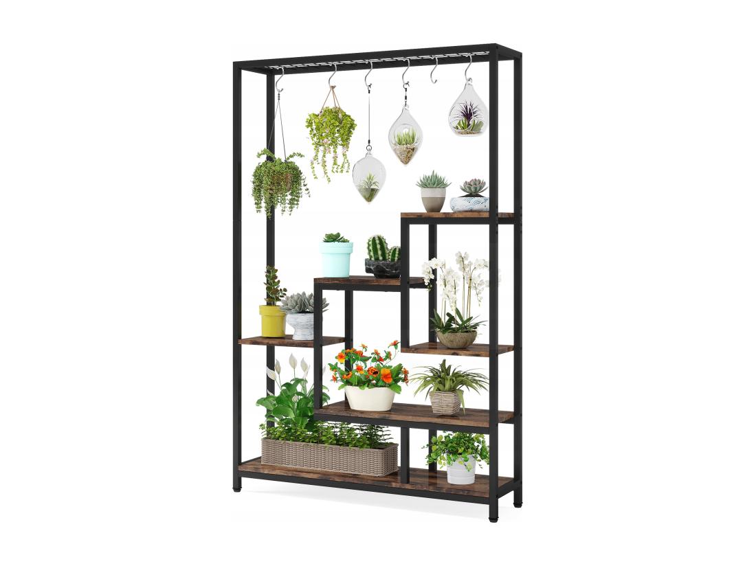 Vente Unique Tribesigns Support Pour Plantes D'intérieur à 5 Niveaux - Grande étagère En Métal De 180 1 Cm Avec 10 Crochets De Suspension En S - Multifonction - Pour Intérieur Jardin Balcon Salon (Maron Et Noir)