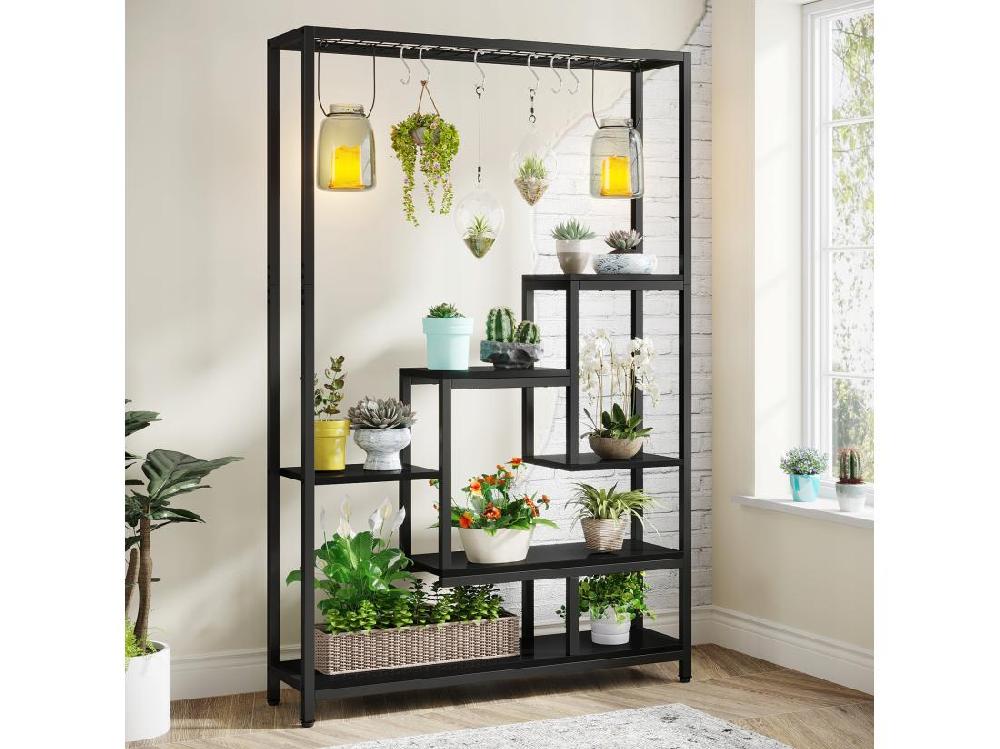 Vente Unique Tribesigns Support Pour Plantes D'intérieur à 5 Niveaux - Grande étagère En Métal De 180 Cm Avec 10 Crochets De Suspension En S - Noir