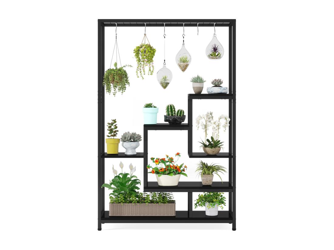 Vente Unique Tribesigns Support Pour Plantes D'intérieur à 5 Niveaux - Grande étagère En Métal De 180 Cm Avec 10 Crochets De Suspension En S - Noir