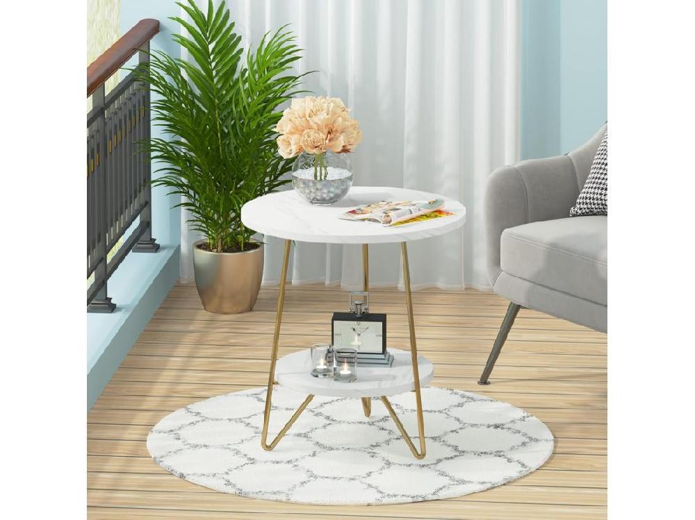 Vente Unique Tribesigns Table D'appoint En Marbre Artificiel à 2 étages Table D'appoint Ronde Avec étagères Table De Chevet Moderne Dorée Blanc Et Doré