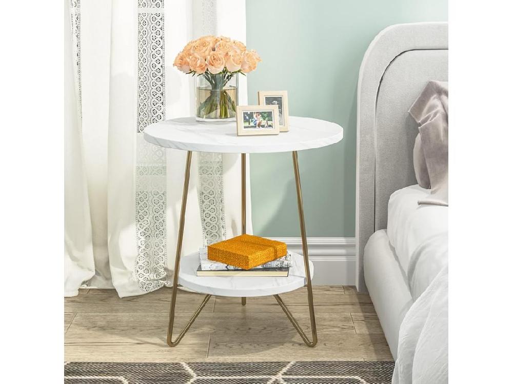 Vente Unique Tribesigns Table D'appoint En Marbre Artificiel à 2 étages Table D'appoint Ronde Avec étagères Table De Chevet Moderne Dorée Blanc Et Doré