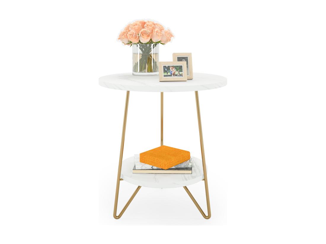 vente unique Tribesigns Table d'appoint en marbre Artificiel à 2 étages Table d'appoint Ronde avec étagères Table de Chevet Moderne dorée Blanc et doré