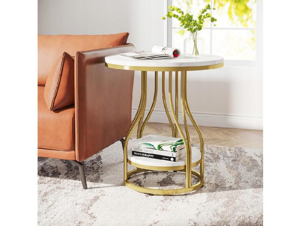 Vente Unique Tribesigns Table D'appoint Ronde En Or Blanc à 2 Niveaux Table De Chevet Moderne Petite Table D'appoint Avec étagère De Rangement