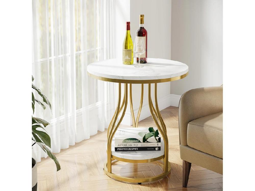 Vente Unique Tribesigns Table D'appoint Ronde En Or Blanc à 2 Niveaux Table De Chevet Moderne Petite Table D'appoint Avec étagère De Rangement