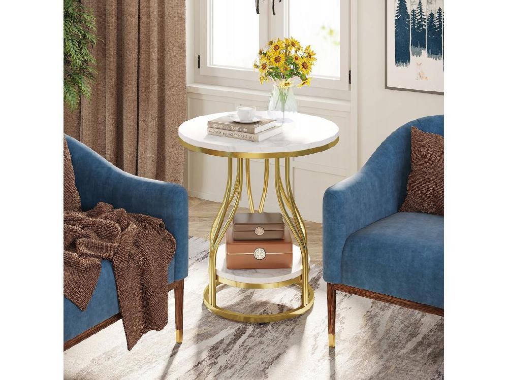 Vente Unique Tribesigns Table D'appoint Ronde En Or Blanc à 2 Niveaux Table De Chevet Moderne Petite Table D'appoint Avec étagère De Rangement