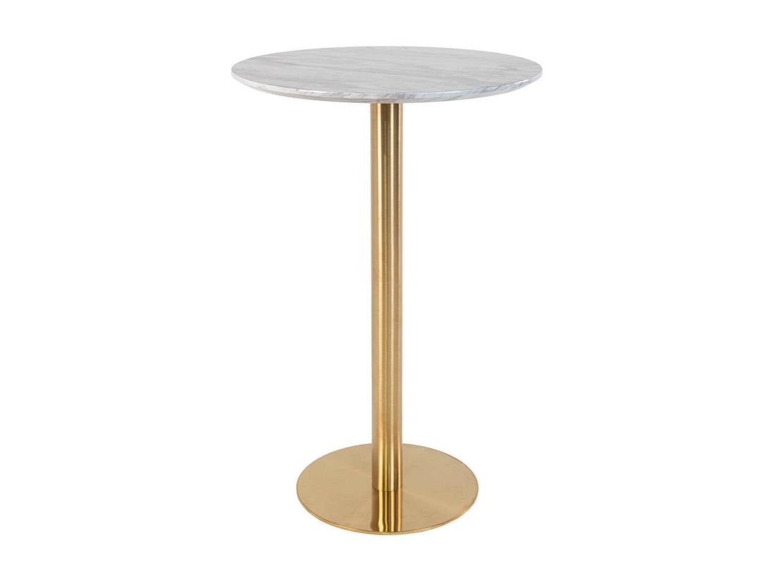 vente unique TYROL - Table Haute Ø70cm Aspect Marbré et Pied Métal Doré