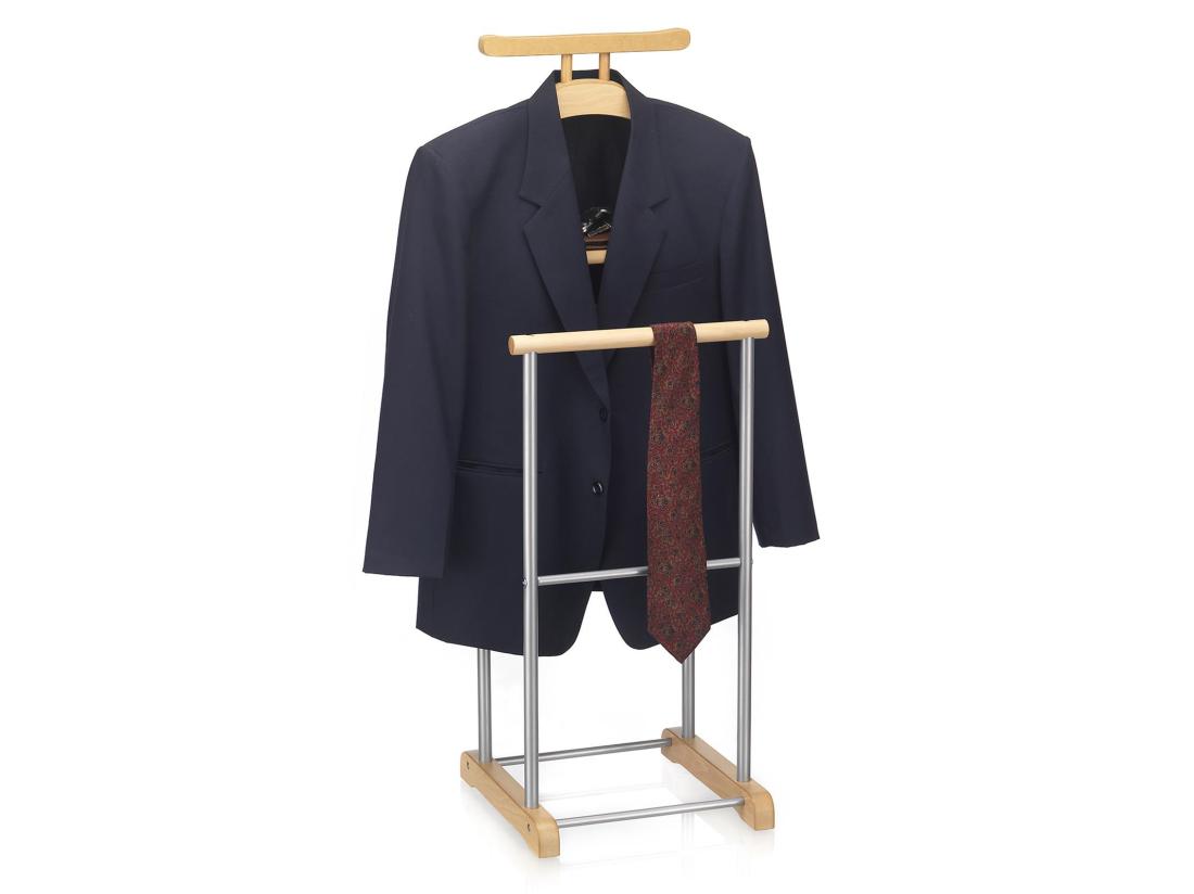 Vente Unique Valet De Chambre MEDINA Chevalet De Nuit Double Portant Pour Vêtements En MDF Couleur Hêtre Et Métal Laqué Argenté