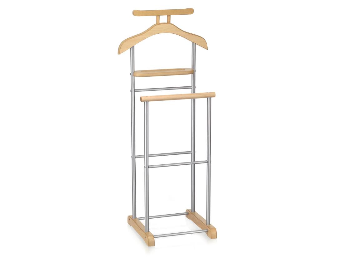 vente unique Valet de chambre MEDINA chevalet de nuit double portant pour vêtements en MDF couleur hêtre et métal laqué argenté