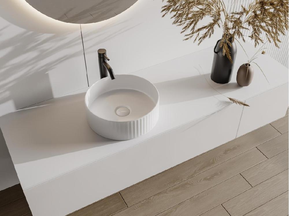 vente unique Vasque à poser en céramique striée ronde - Blanc brillant - 36 cm - PEDARA