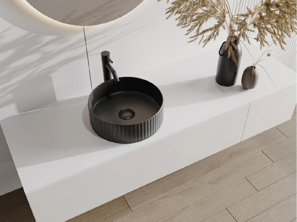 vente unique Vasque à poser en céramique striée ronde - Noir mat - 36 cm - PEDARA