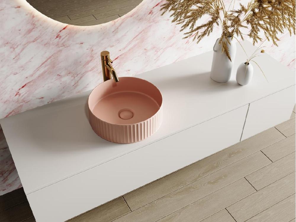 vente unique Vasque à poser en céramique striée ronde - Rose mat - 36 cm - PEDARA