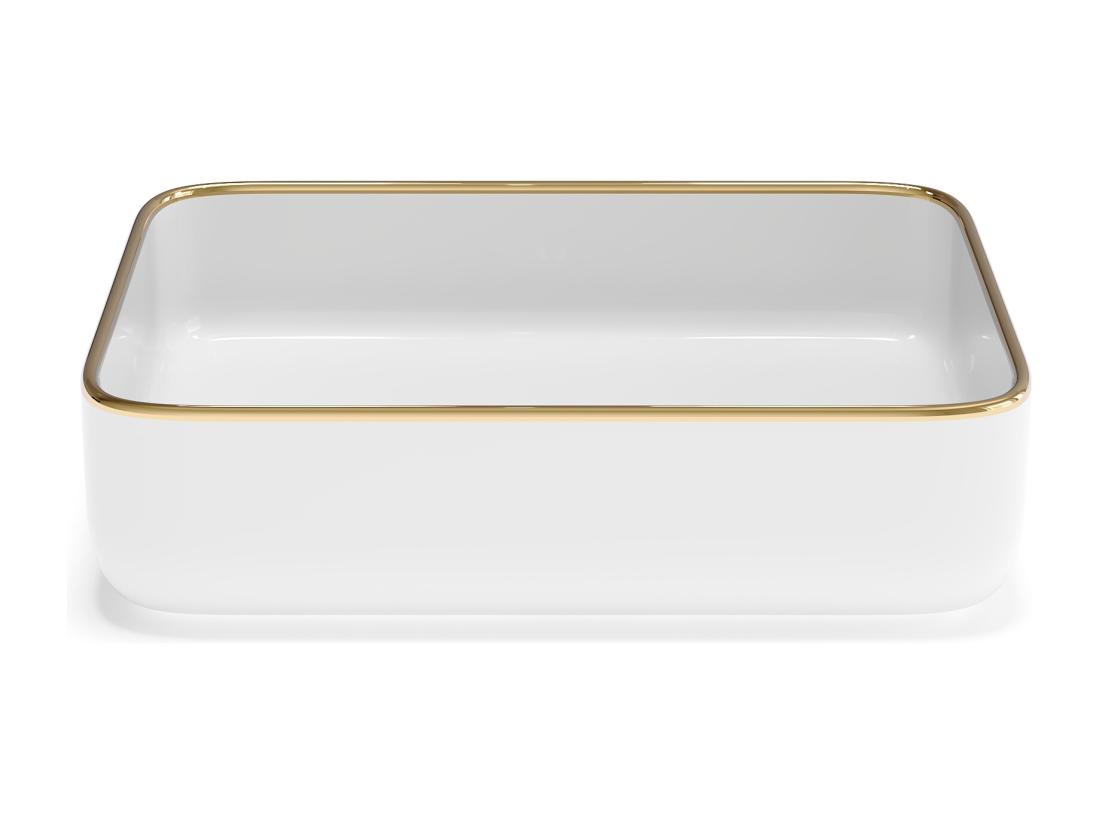 Vente Unique Vasque à Poser Rectangle En Céramique - Blanc Avec Liseré Doré - 50 X 39 Cm - JUNIKO II
