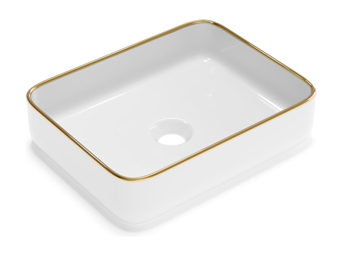 Vente Unique Vasque à Poser Rectangle En Céramique - Blanc Avec Liseré Doré - 50 X 39 Cm - JUNIKO II