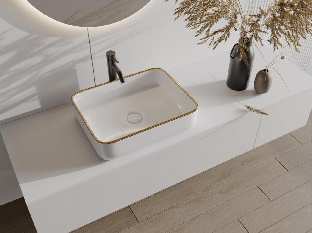 vente unique Vasque à poser rectangle en céramique - Blanc avec liseré doré - 50 x 39 cm - JUNIKO II