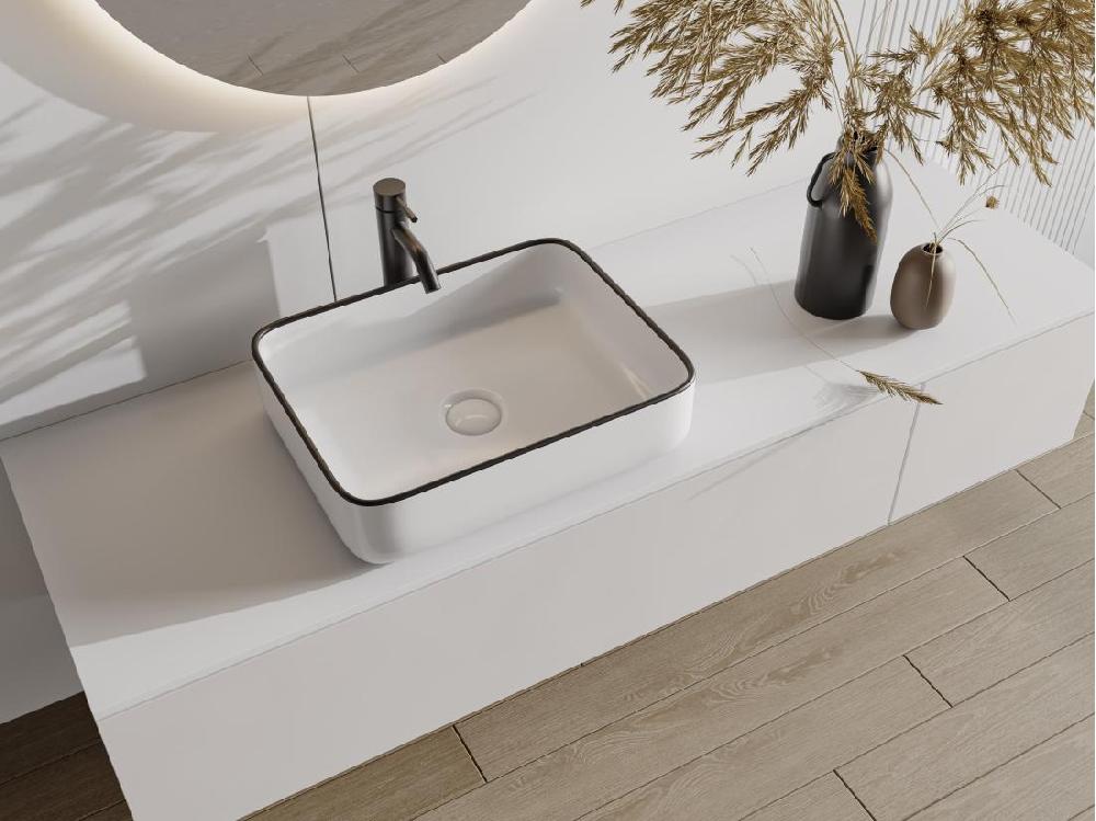 vente unique Vasque à poser rectangle en céramique - Blanc avec liseré noir - 50 x 39 cm - JUNIKO II