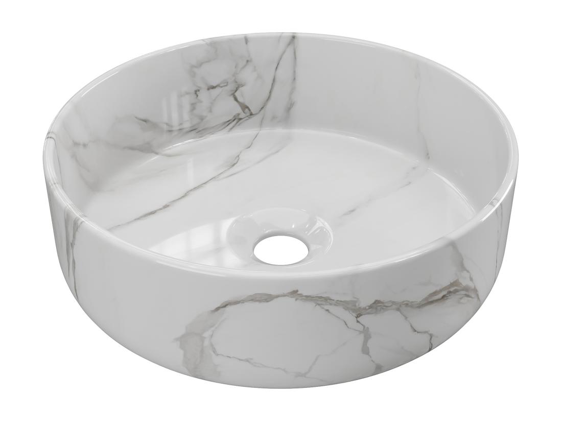 Vente Unique Vasque à Poser Ronde Blanche Effet Marbre En Céramique - 36 Cm - VIAMARBA