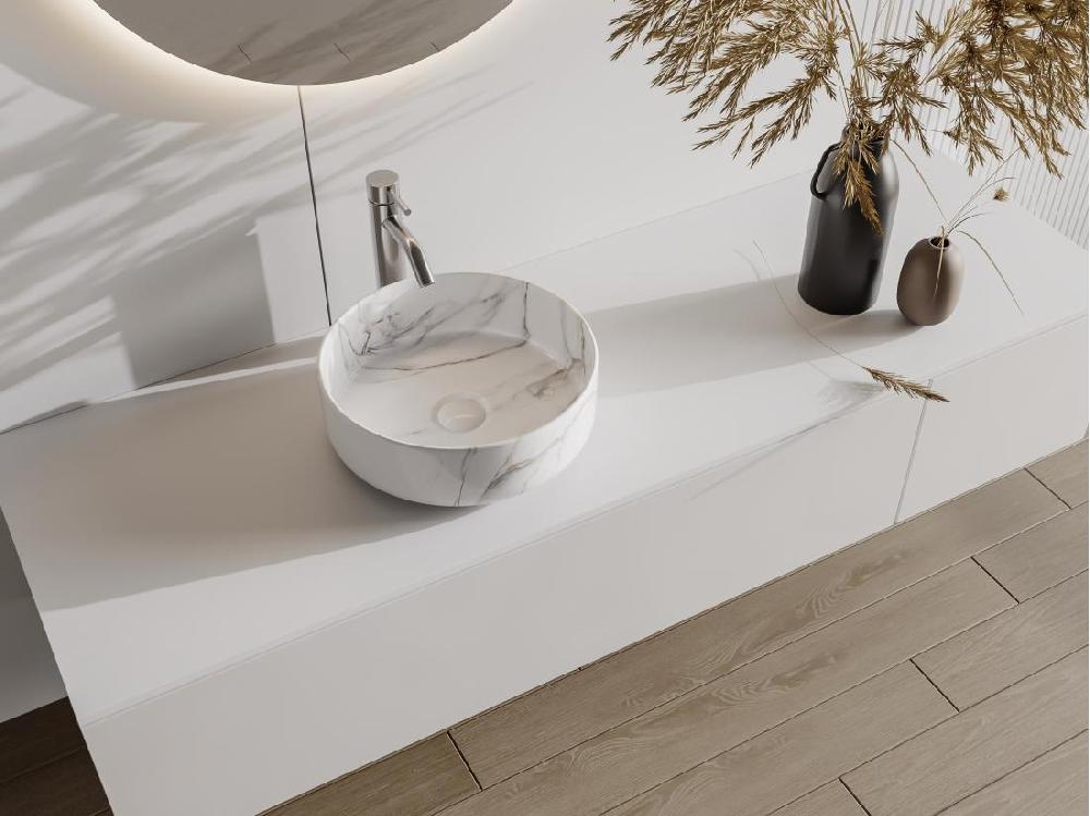 vente unique Vasque à poser ronde blanche effet marbre en céramique - 36 cm - VIAMARBA