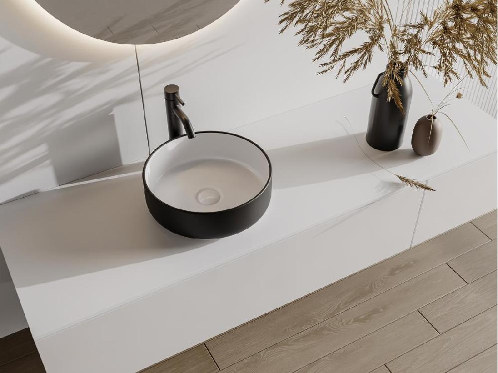 vente unique Vasque à poser ronde en céramique - Bicolore noir et blanc - 36 cm - KANELLE II