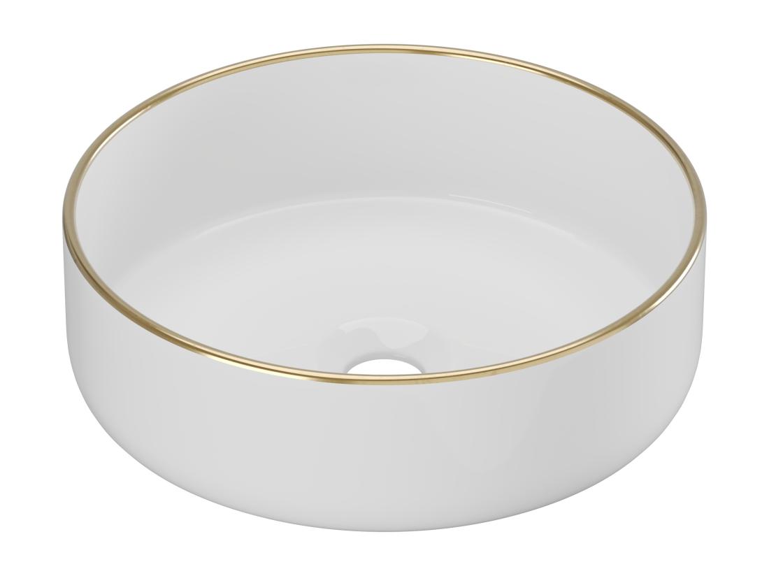 Vente Unique Vasque à Poser Ronde En Céramique - Blanc Avec Liseré Doré - 36 Cm - LENISO II