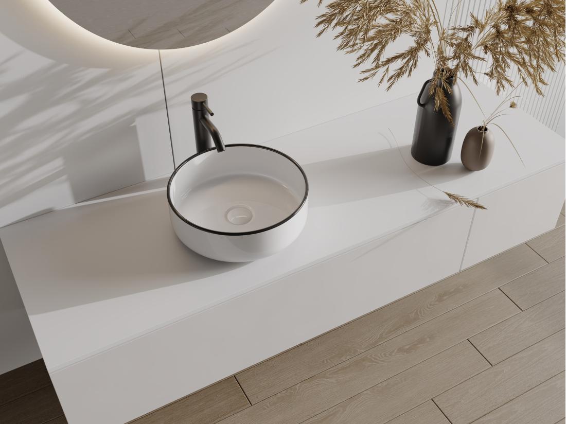 vente unique Vasque à poser ronde en céramique - Blanc avec liseré noir - 36 cm - LENISO II