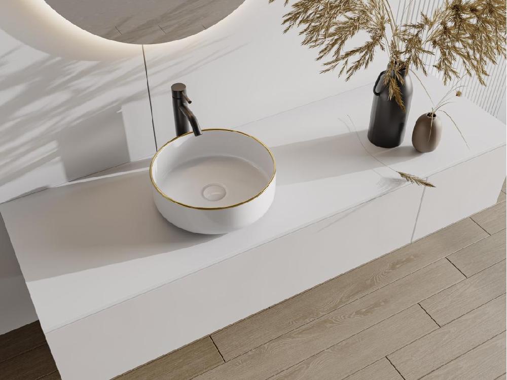 vente unique Vasque à poser ronde en céramique - Blanc avec liseré doré - 36 cm - LENISO II