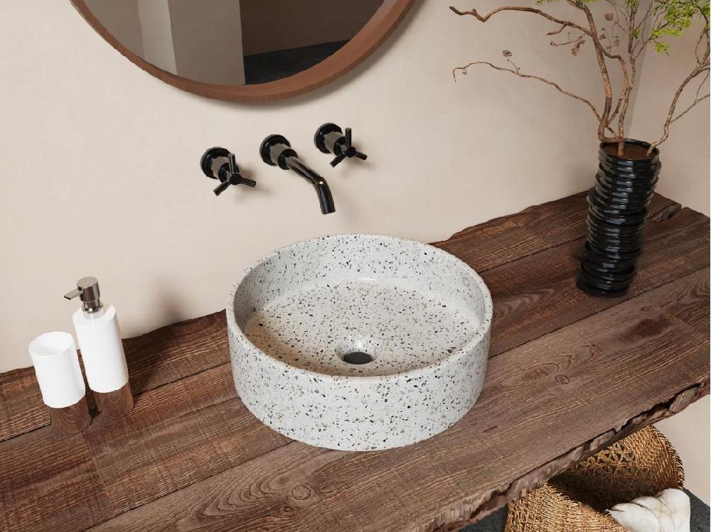 vente unique Vasque ronde à poser en terrazzo bleu - 39 cm - DUKAT
