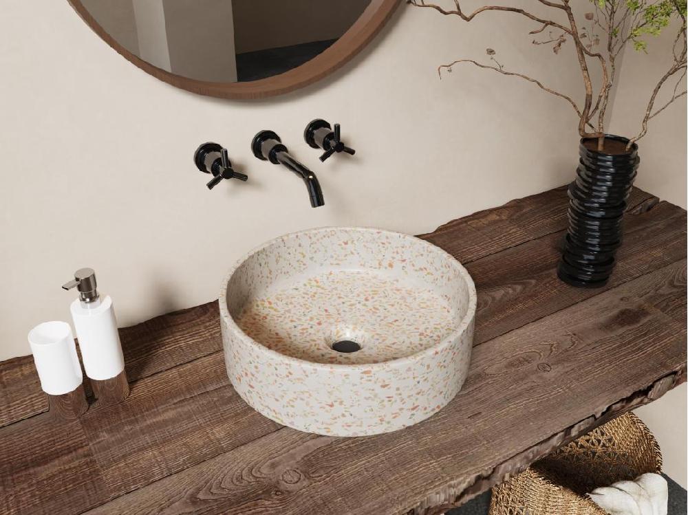 vente unique Vasque ronde à poser en terrazzo rose - 39 cm - DUKAT