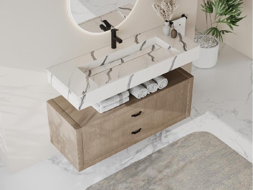 vente unique Vasque suspendue en solid surface effet marbre blanc - TAKOTNA - L120.2 x l45.2 x H8 cm