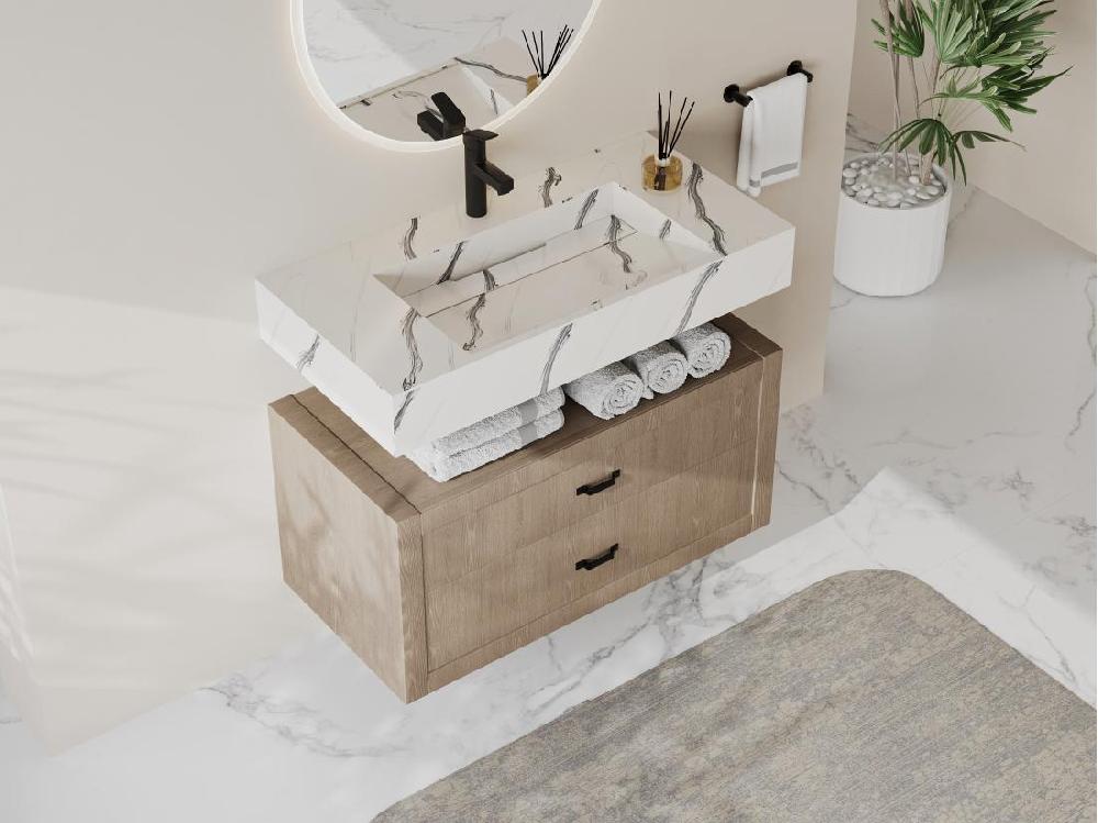 vente unique Vasque suspendue en solid surface effet marbre blanc - TAKOTNA - L90.2 x l45.2 x H8 cm