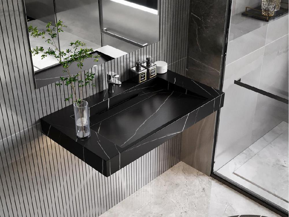 vente unique Vasque suspendue en solid surface effet marbre noir - TAKOTNA - L90.2 x l45.2 x H8 cm