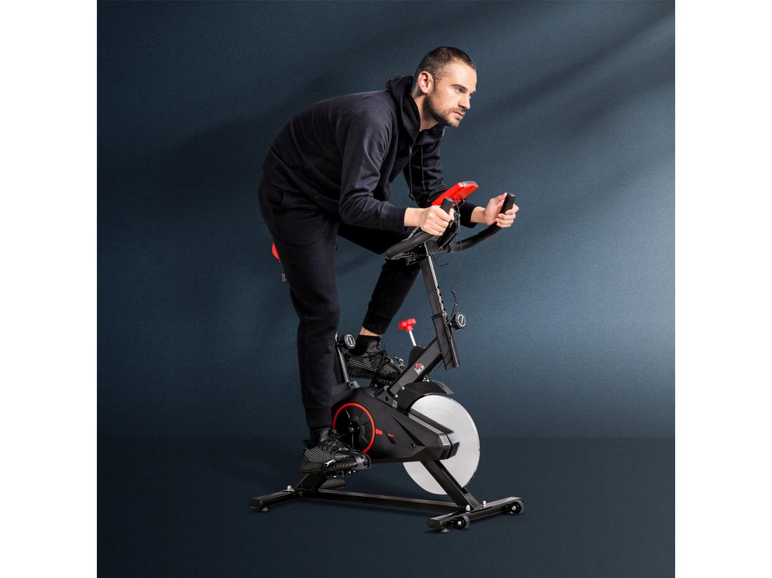 Vente Unique Vélo D'appartement Avec écran LCD Multifonctions Vélo Biking Cardio Training Selle Et Guidon Réglables Volant Inertie 6 Kg Acier Noir Rouge