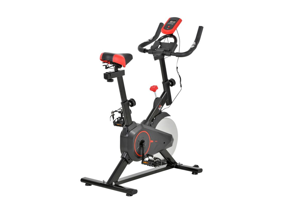 Vente Unique Vélo D'appartement Avec écran LCD Multifonctions Vélo Biking Cardio Training Selle Et Guidon Réglables Volant Inertie 6 Kg Acier Noir Rouge