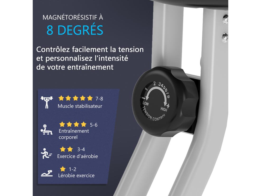 Vente Unique Vélo D'appartement Pliable 8 Niveaux De Résistance Magnétique Selle Réglable Dossier écran LCD Multifonction Capteur Fréquence Cardiaque Gris