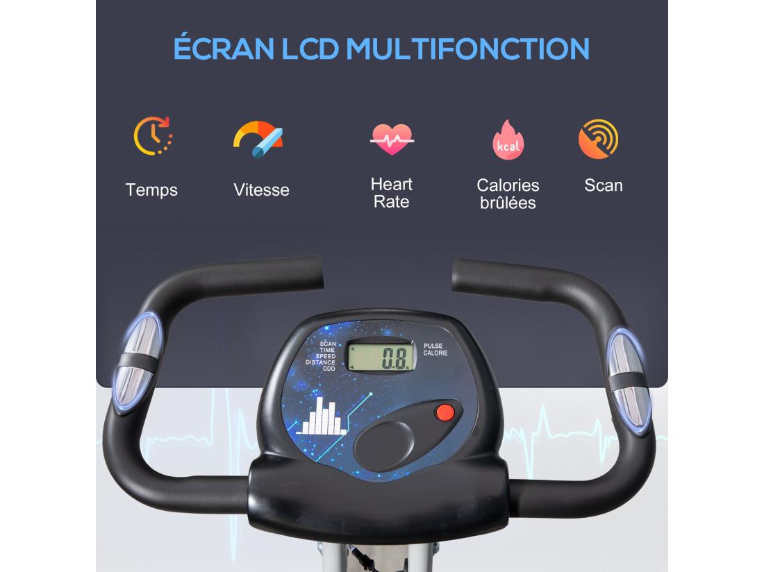 Vente Unique Vélo D'appartement Pliable 8 Niveaux De Résistance Magnétique Selle Réglable Dossier écran LCD Multifonction Capteur Fréquence Cardiaque Gris