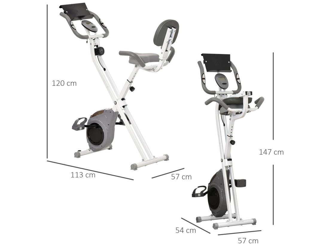 Vente Unique Vélo D'appartement Pliable Grand Confort Dossier Selle Réglable Poignées Ergonomiques écran LCD Multifonction Support Tablette Acier Blanc Gris